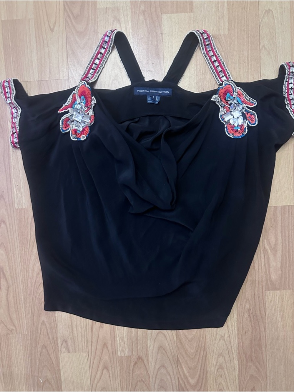 French Connection Black Cold-Shoulder Embellished Camisole with Red Accent